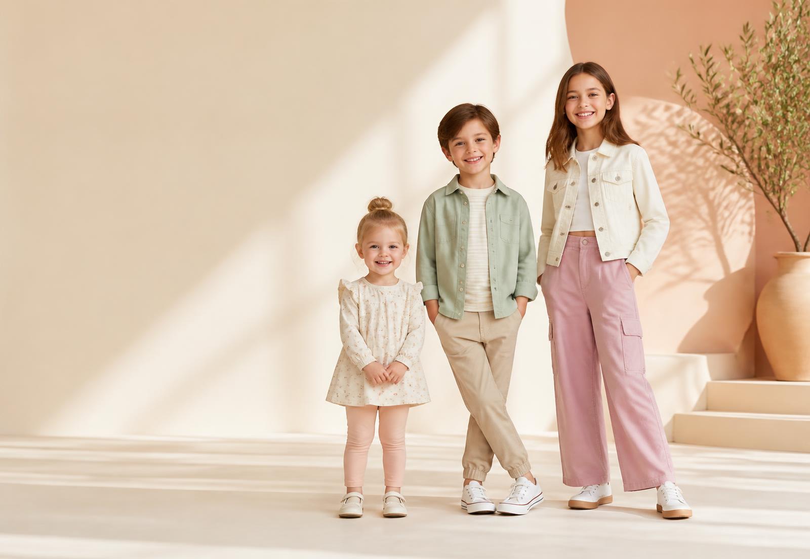 Crianças vestindo roupas da Garotada Kids